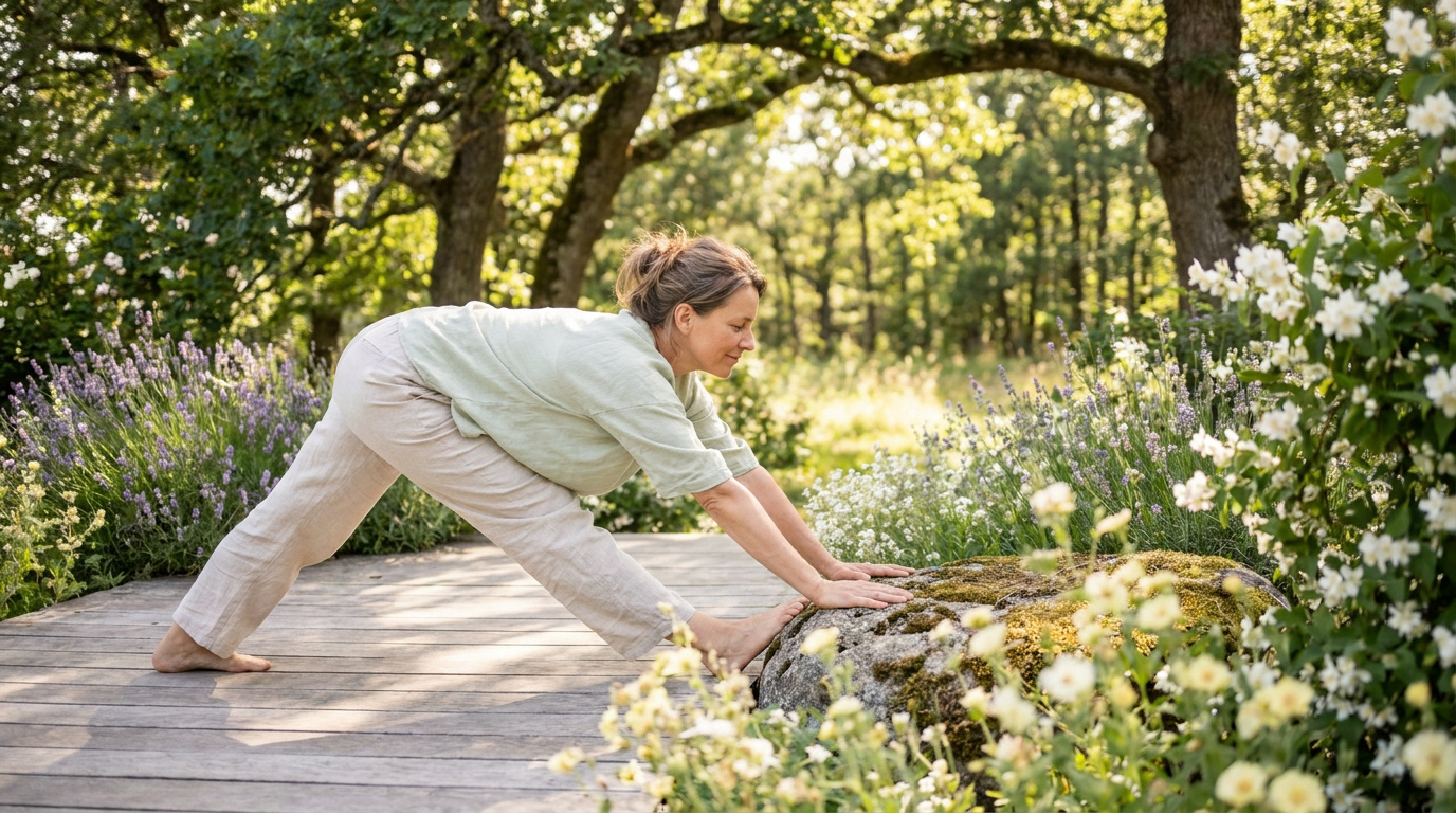 Une femme pratique des étirements doux sur une terrasse en bois entourée de fleurs et d'arbres.