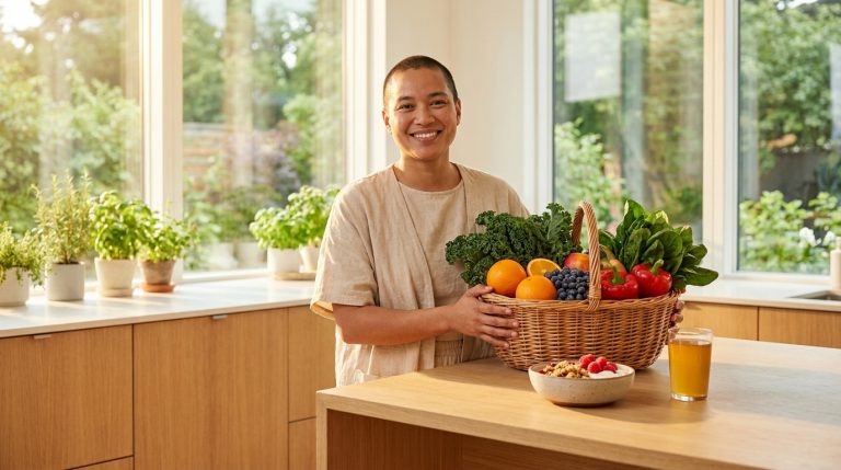 Une personne souriante tenant un panier d'osier rempli de fruits et légumes frais dans une cuisine lumineuse.