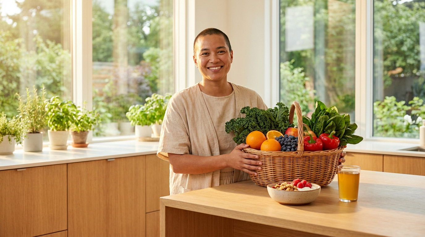 Une personne souriante tenant un panier d'osier rempli de fruits et légumes frais dans une cuisine lumineuse.