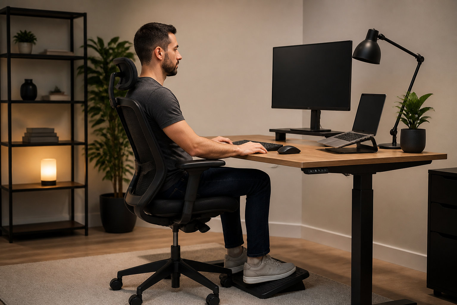 Homme assis sur une chaise ergonomique avec un repose-pieds devant un bureau réglable et un ordinateur
