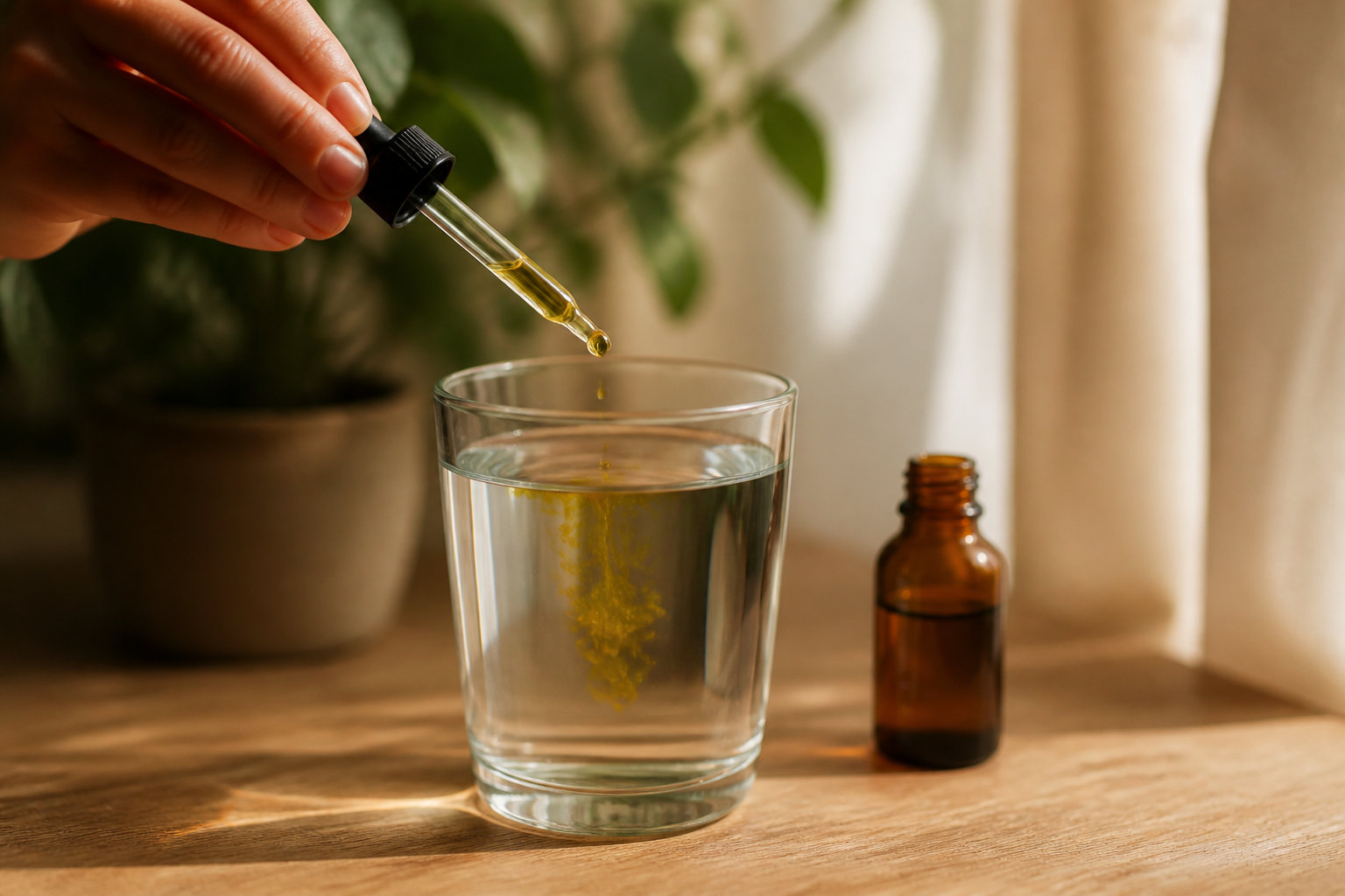 Une main utilise une pipette pour verser des gouttes de macérat de bourgeons dans un verre d'eau