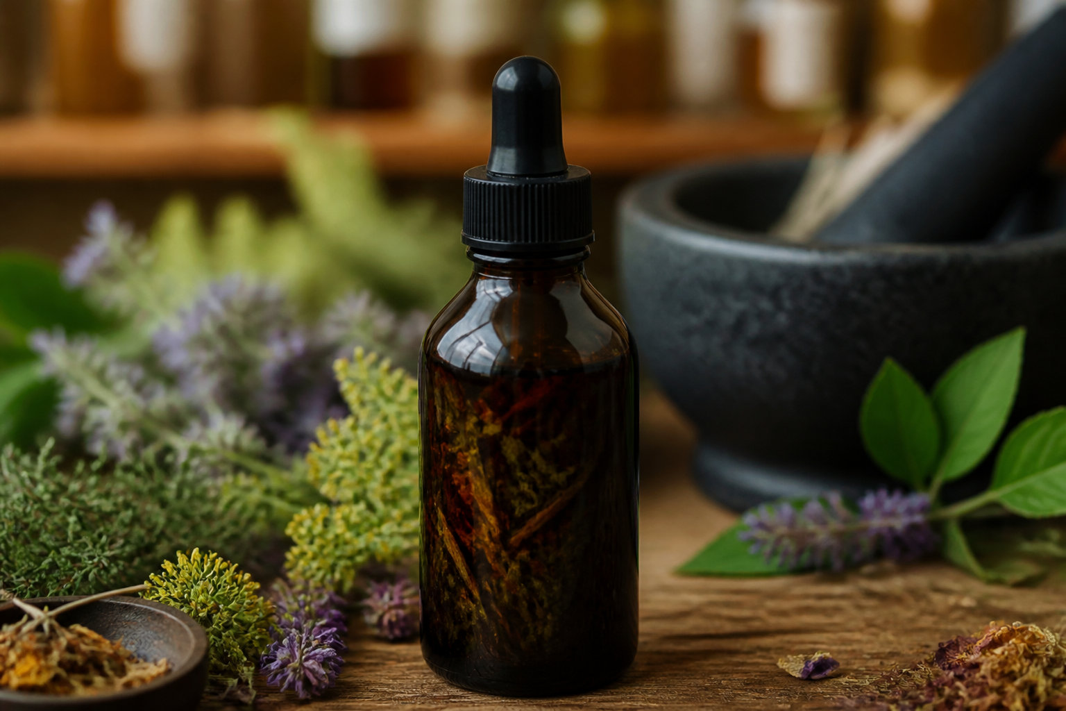 Une fiole compte-gouttes en verre ambré entourée de plantes médicinales et d'un mortier sur une table en bois