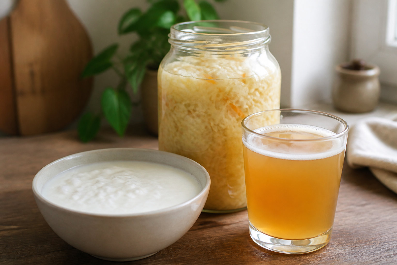 Un bol de yaourt, un bocal de choucroute et un verre de kombucha sur une table en bois près d'une plante