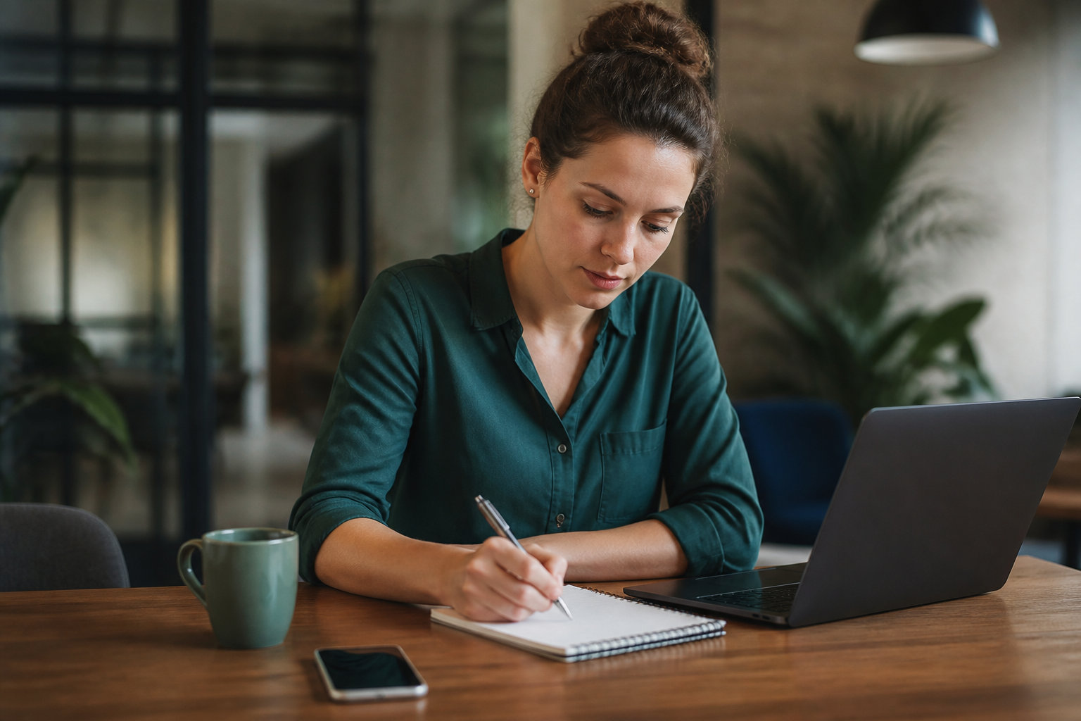 Une femme concentrée écrit dans un carnet devant son ordinateur portable dans un bureau moderne