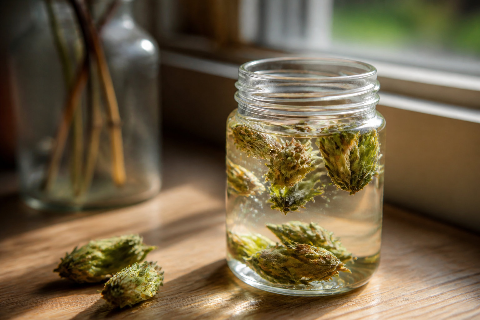 Des bourgeons de plantes infusant dans un bocal en verre posé sur une table en bois sous une lumière naturelle