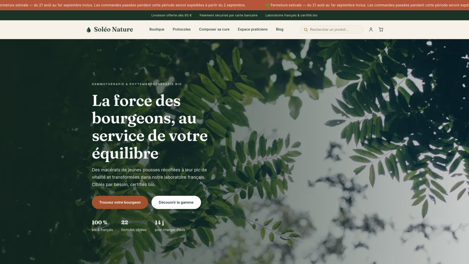 Page d'accueil du site Soléo Nature mettant en avant les bienfaits des bourgeons pour l'équilibre naturel