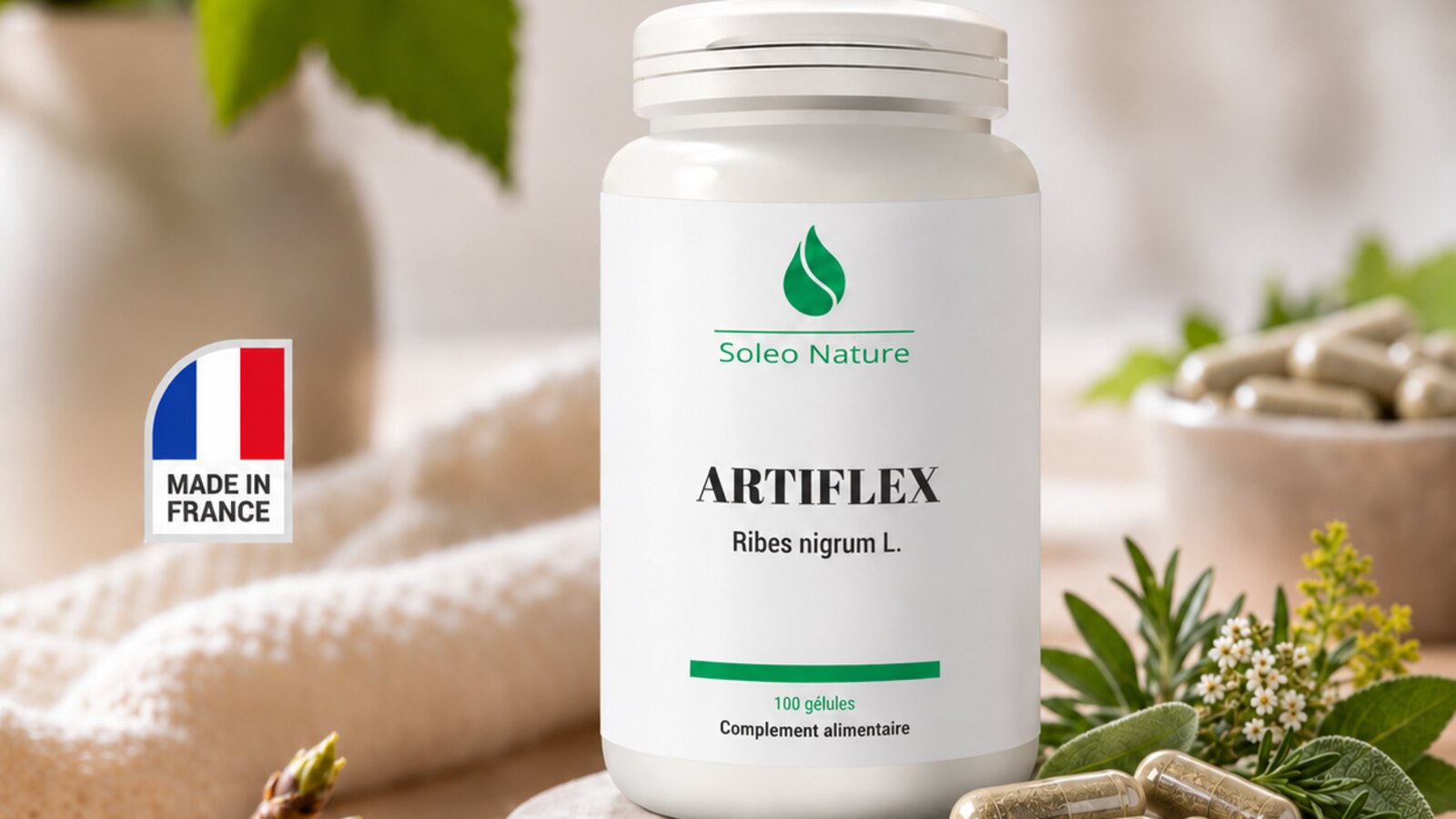 Pilulier de 100 gélules ARTIFLEX Soléo Nature posé sur un galet, entouré de plantes aromatiques et de gélules
