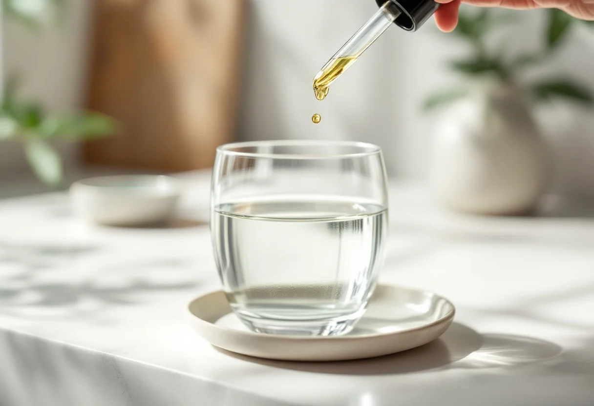 Goutte de macérat de bourgeon tombant d'une pipette dans un verre d'eau à la lumière du matin