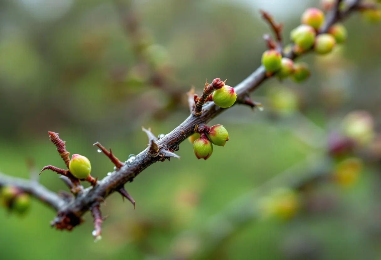 Rameau d'aubépine (Crataegus) portant des bourgeons au début du printemps