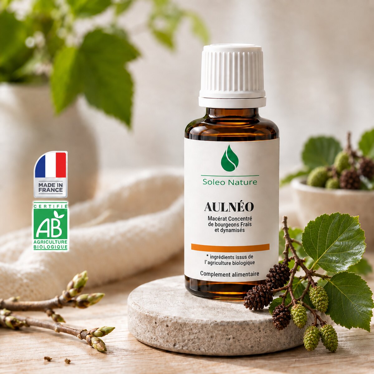Flacon 30 ml de Aulnéo Bio, macérat concentré de bourgeons de aulne glutineux Soléo Nature, posé sur un galet de pierre claire