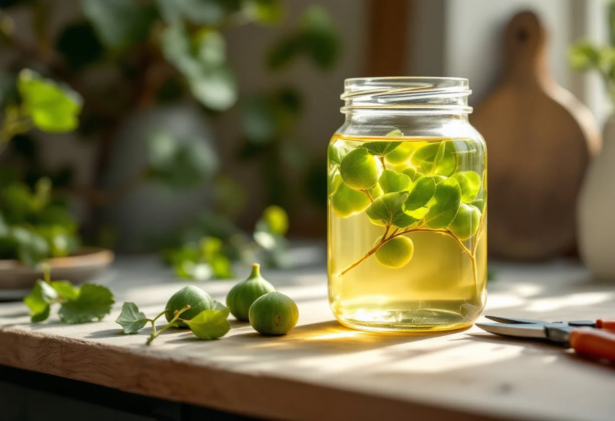 Bourgeons frais de figuier en macération dans un bocal en verre sur un plan de travail en bois