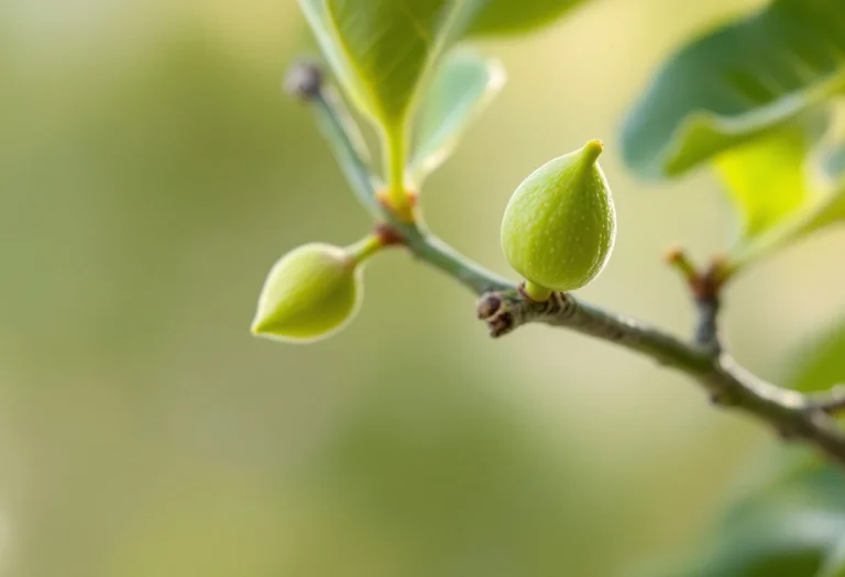 Bourgeons frais de figuier (Ficus carica) sur une branche à écorce grise au début du printemps