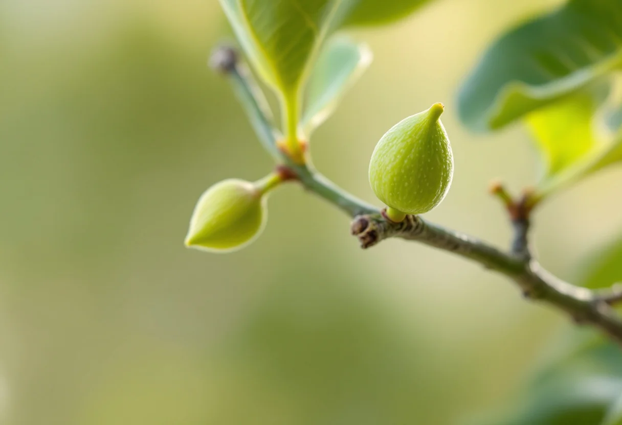 Bourgeons frais de figuier (Ficus carica) sur une branche à écorce grise au début du printemps