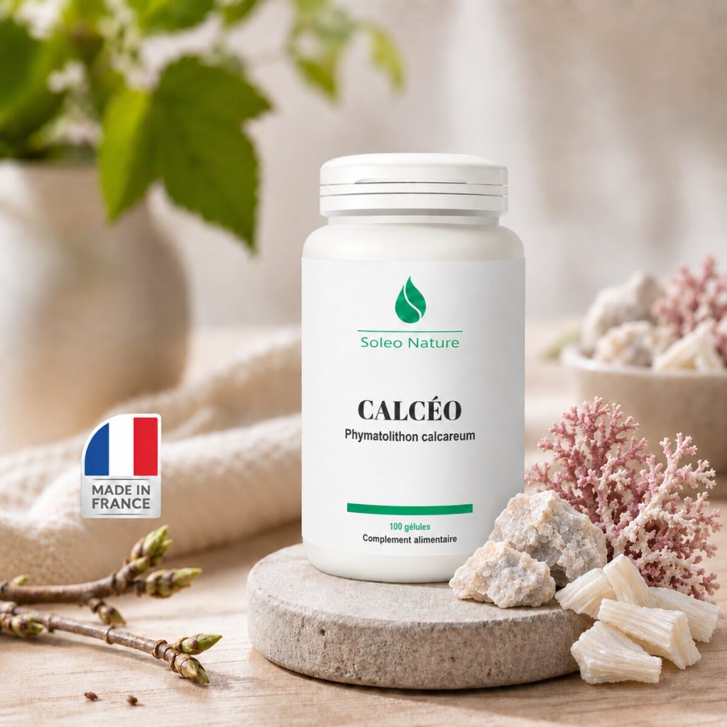 Pilulier blanc de 100 gélules Calcéo Soléo Nature, posé sur un galet de pierre claire, entouré de maërl et d'algue calcaire