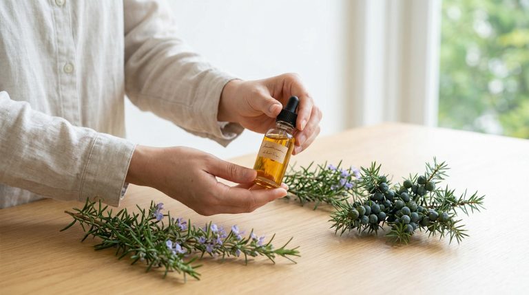 Personne tenant une petite bouteille compte-gouttes entourée de branches de romarin fleuri et de baies de genévrier.