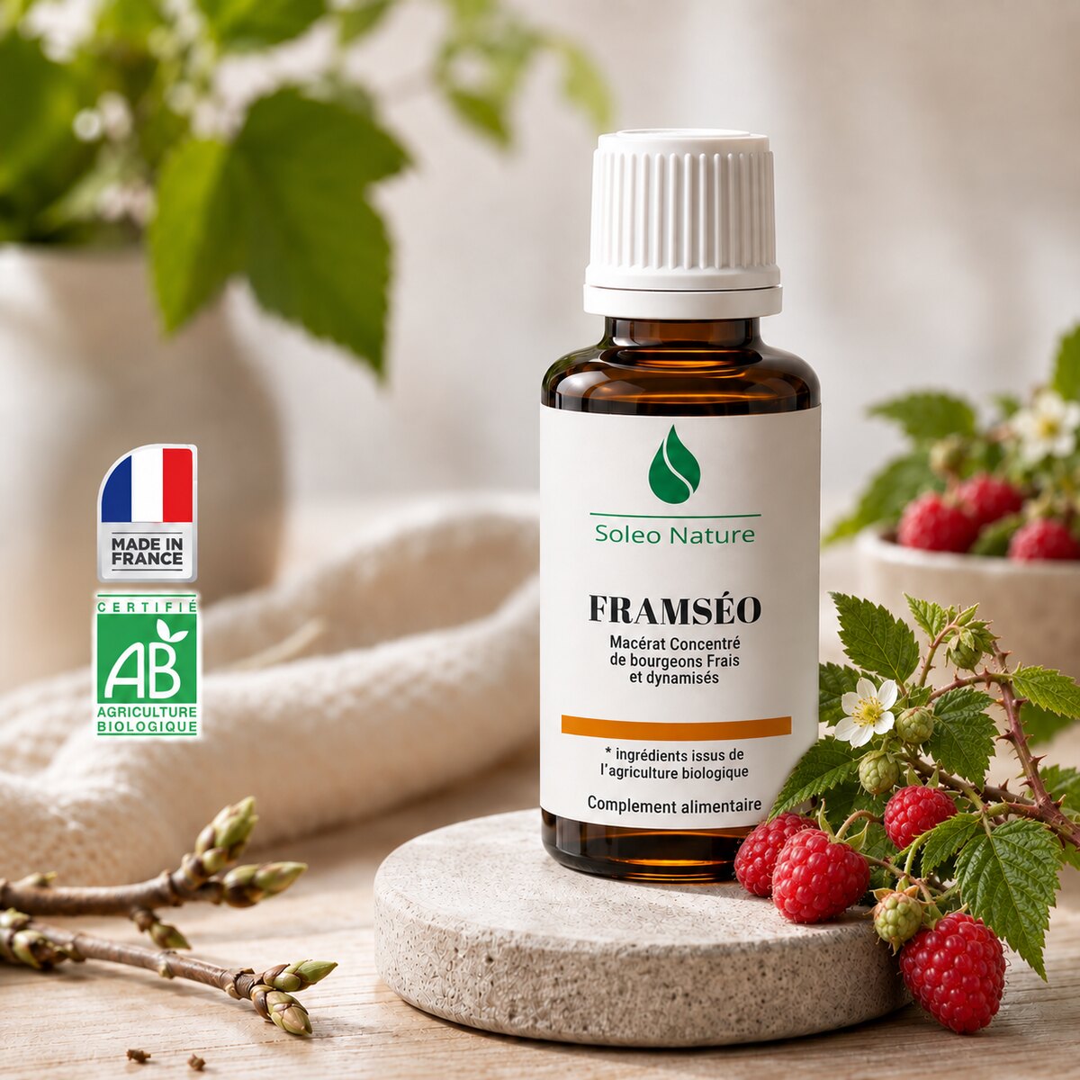 Flacon 30 ml de Framséo Bio, macérat concentré de bourgeons de framboisier Soléo Nature, posé sur un galet de pierre claire