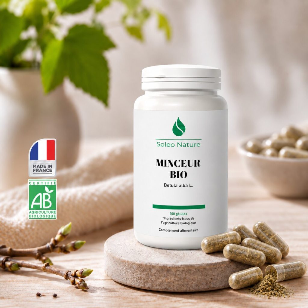 Pilulier blanc de 100 gélules MINCEUR BIO Soléo Nature, posé sur un galet de pierre claire