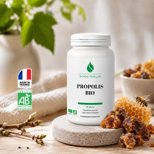 Pilulier blanc de 100 gélules de propolis bio Soléo Nature, posé sur un galet de pierre claire