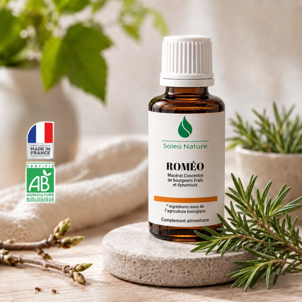 Flacon 30 ml de Roméo Bio, macérat concentré de bourgeons de romarin Soléo Nature, posé sur un galet de pierre claire