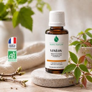 Flacon 30 ml de Vinéov Bio, macérat concentré de bourgeons de vigne Soléo Nature, posé sur un galet de pierre claire