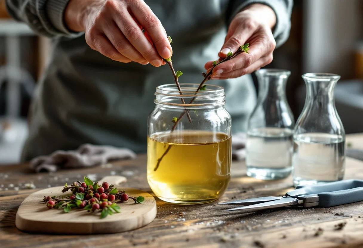 Mains plongeant des pointes de rameaux d'aubépine aux bourgeons frais dans un bocal de liquide doré, à côté de carafes d'eau et de glycérine