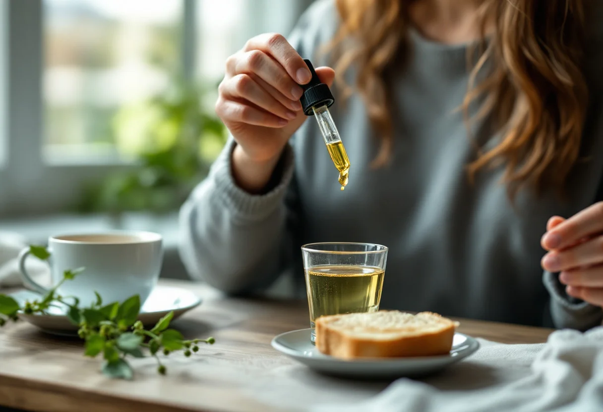 Femme diluant quelques gouttes de macérat de bourgeon d'aubépine dans un verre d'eau au petit-déjeuner, près d'un rameau d'aubépine