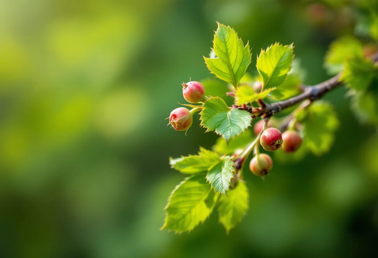 Bourgeon d'aubépine frais (Crataegus laevigata) sur une branche au printemps