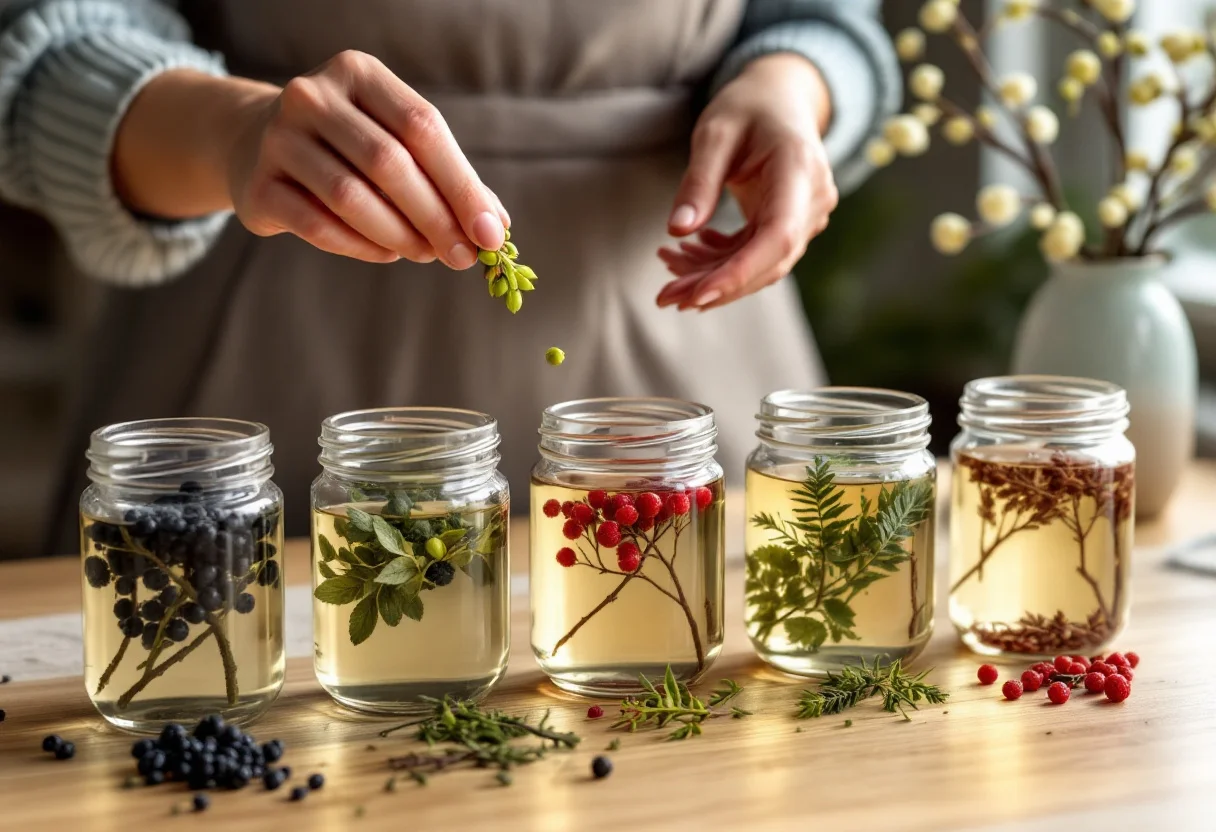 Cinq bocaux de liquide doré contenant chacun des bourgeons frais différents (cassis, framboisier, airelle, séquoia, aulne), avec des mains ajoutant des bourgeons de cassis.